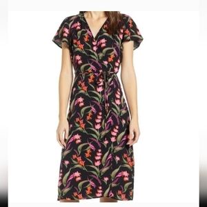 LEITH black floral women full wrap short sleeve women dress S